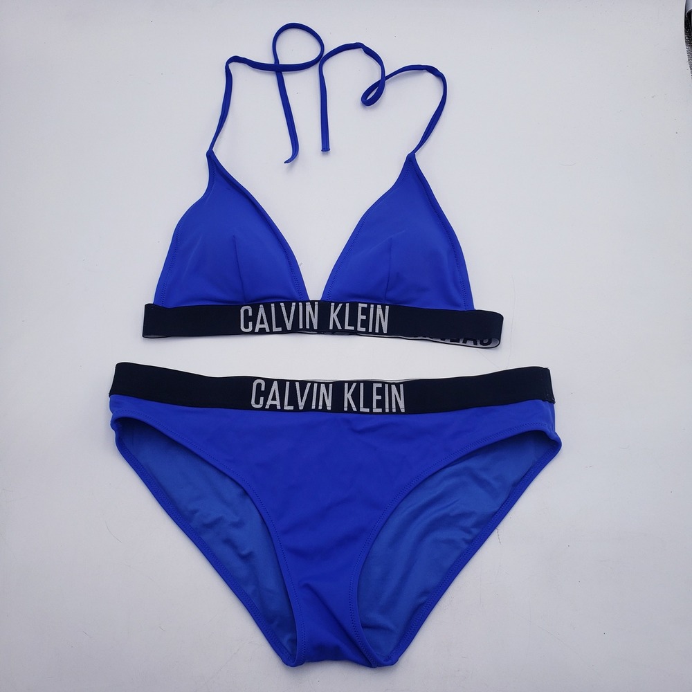 Calvin‎ Klein Bikini Set Blue Logo Band Triangle Top Hipster Bottom Size Small